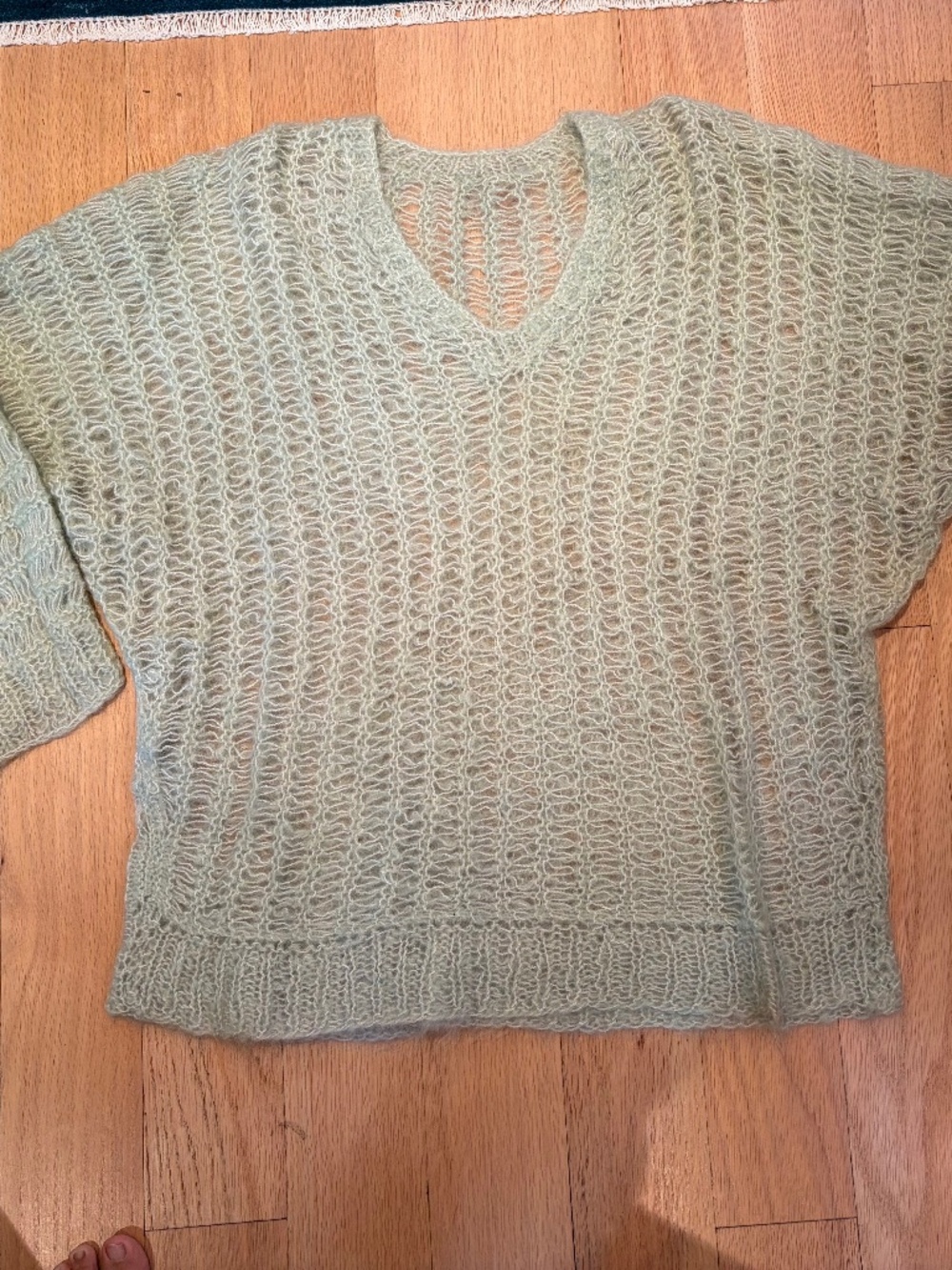 Handmade Mohair Sweater Sage Green Open Knit V Neck Oversized Pullover